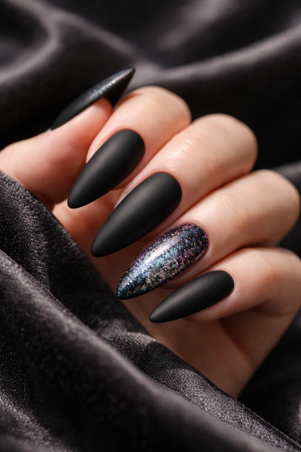 Close-up of matte black nails with holographic gradient at the tips
