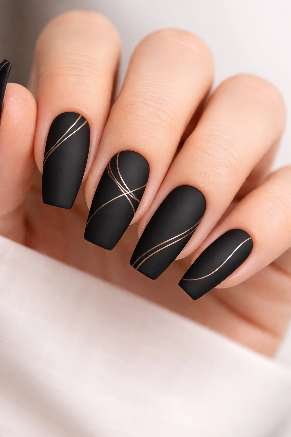 Close-up of matte black coffin nails with minimalist white line art