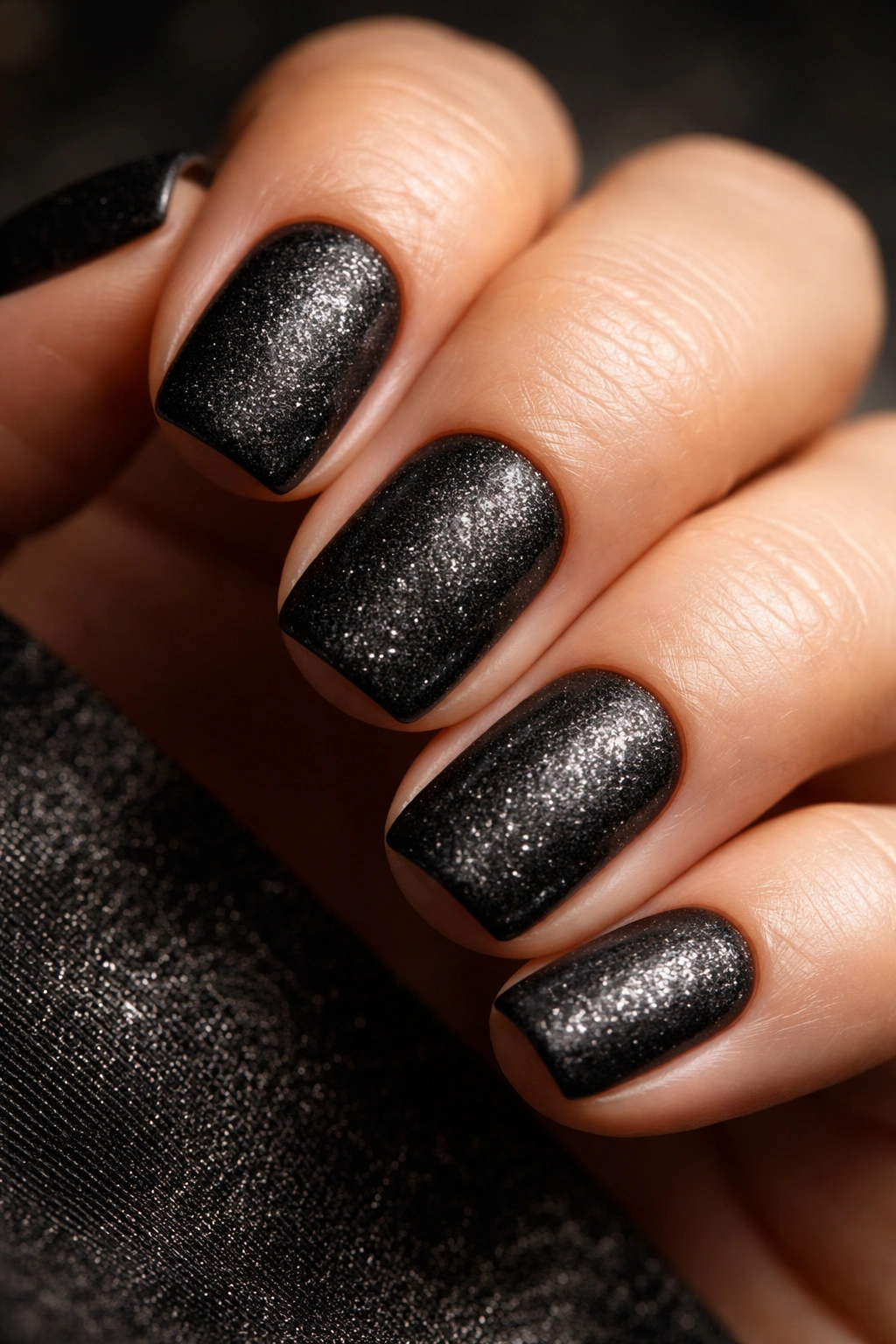 Black nails with textured matte finish and metallic dust sparkle.