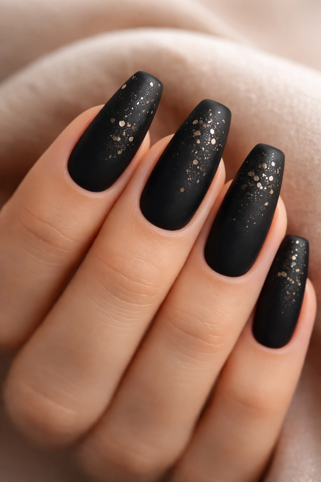 Matte black coffin nails with embedded metallic flakes.