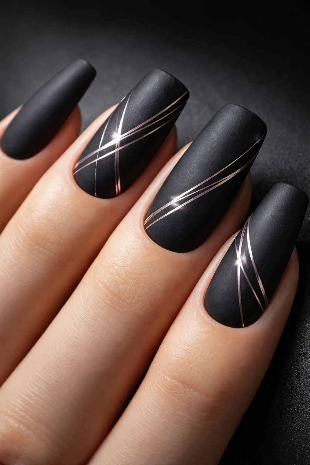 Long squoval nails with matte black finish and slim metallic lines