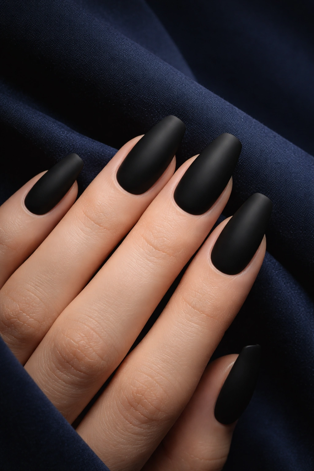 Close-up of matte black nails with navy background