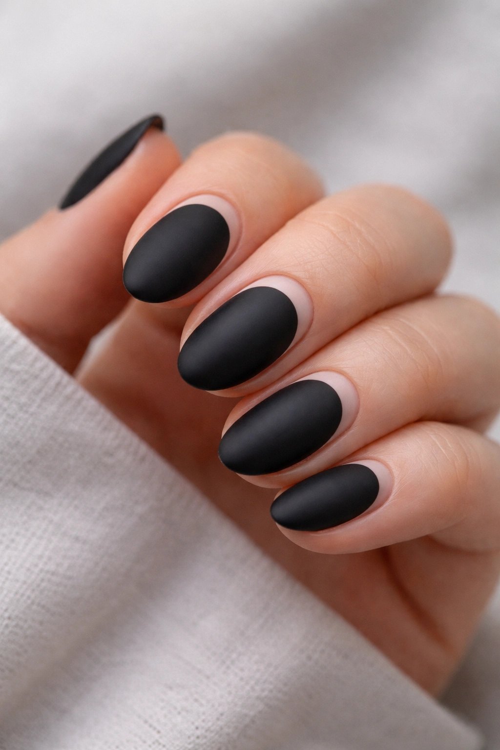Almond nails with matte black polish and nude cuticle halos.