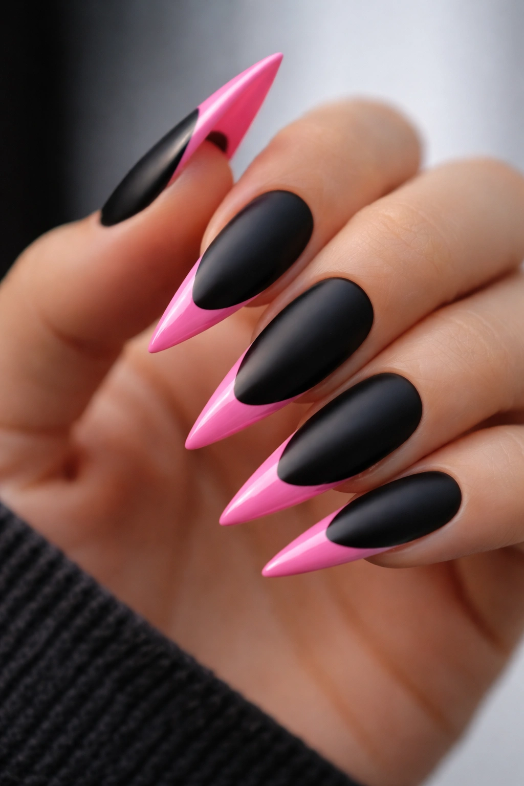 Matte black base with pink glossy tips on stiletto nails