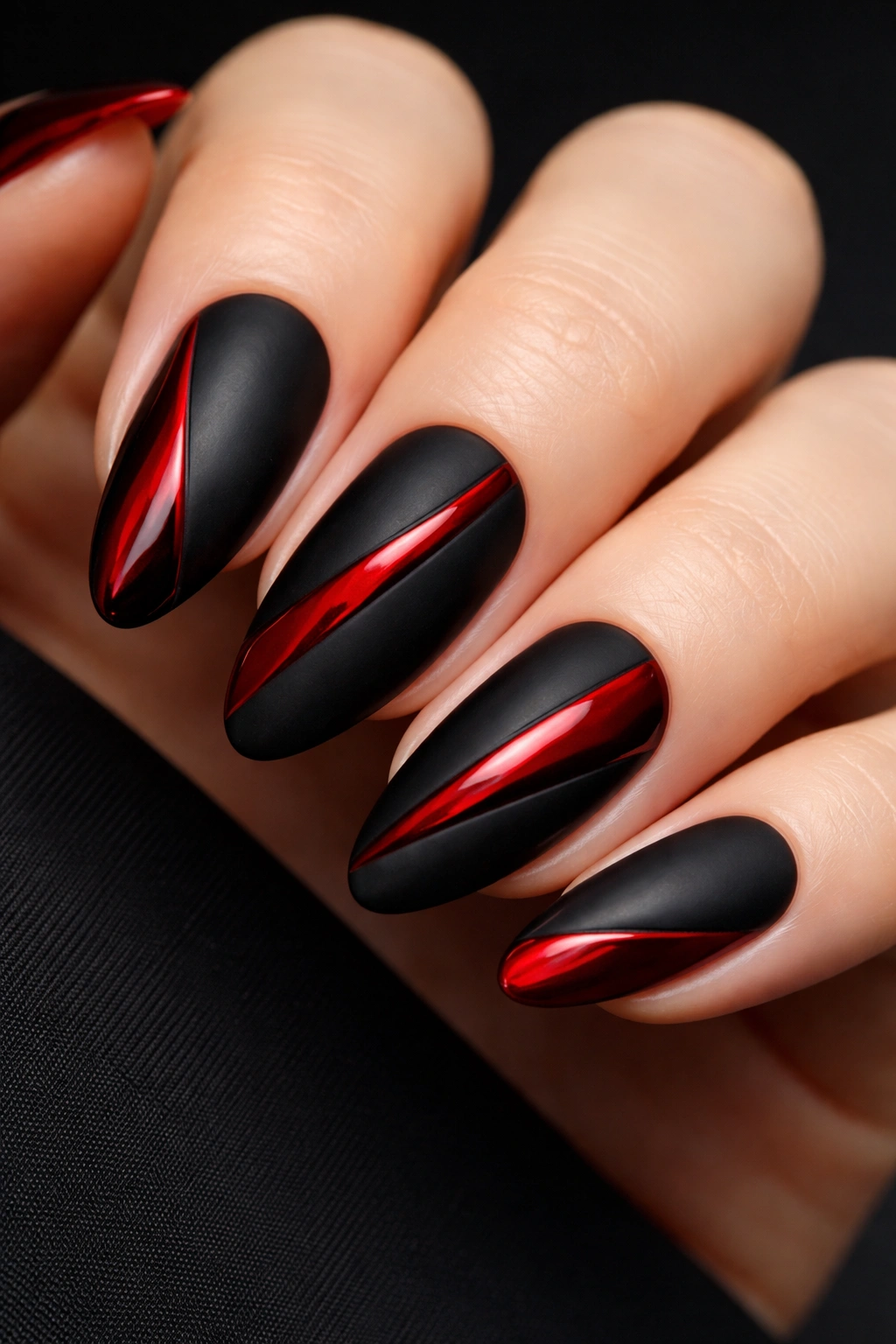 Close-up of matte black nails with glossy red accents
