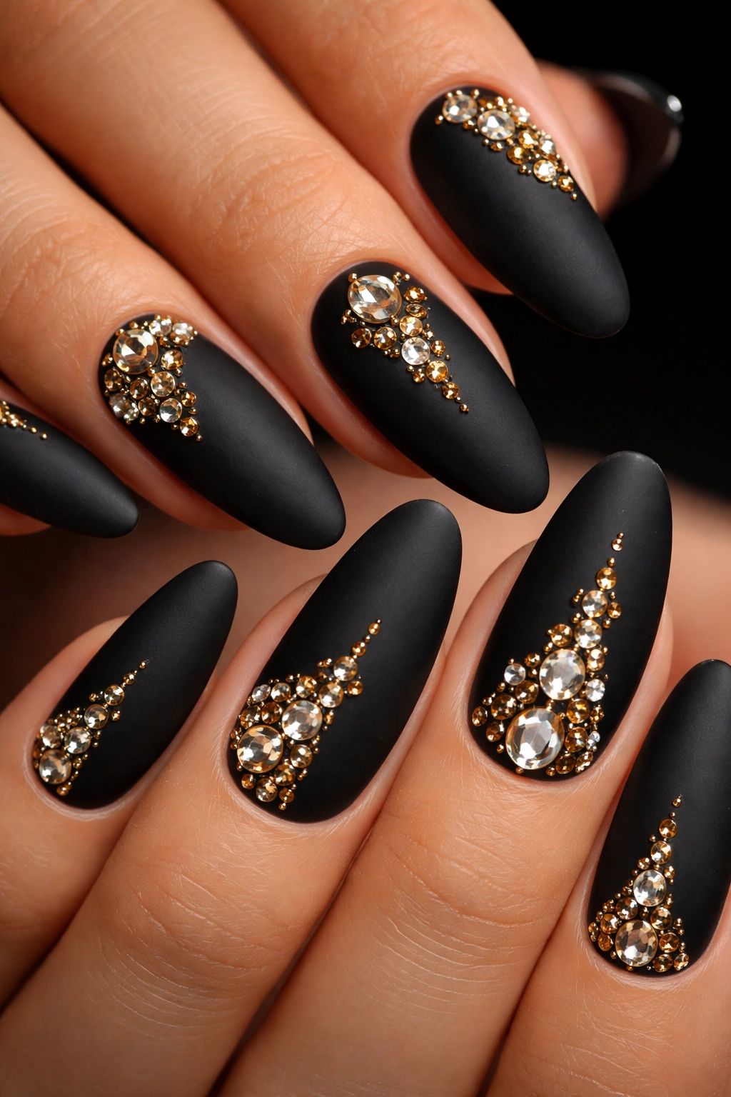 Long oval nails in matte black with gold rhinestones accents.