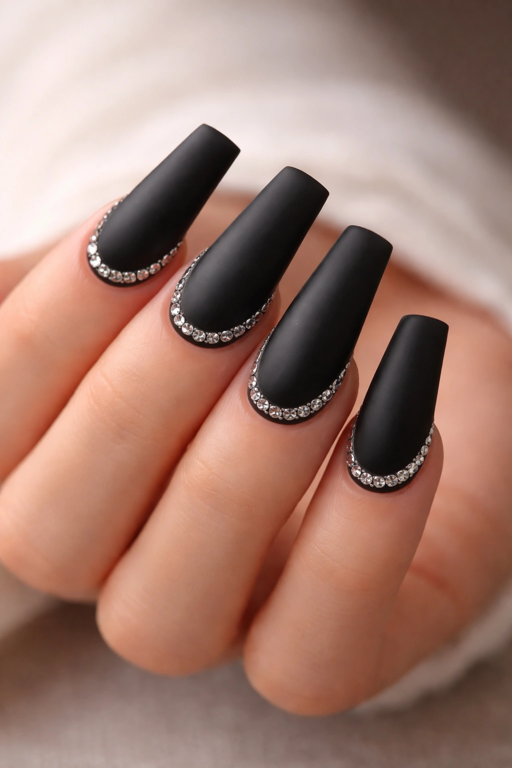 Matte black long curved duck nails with rhinestones