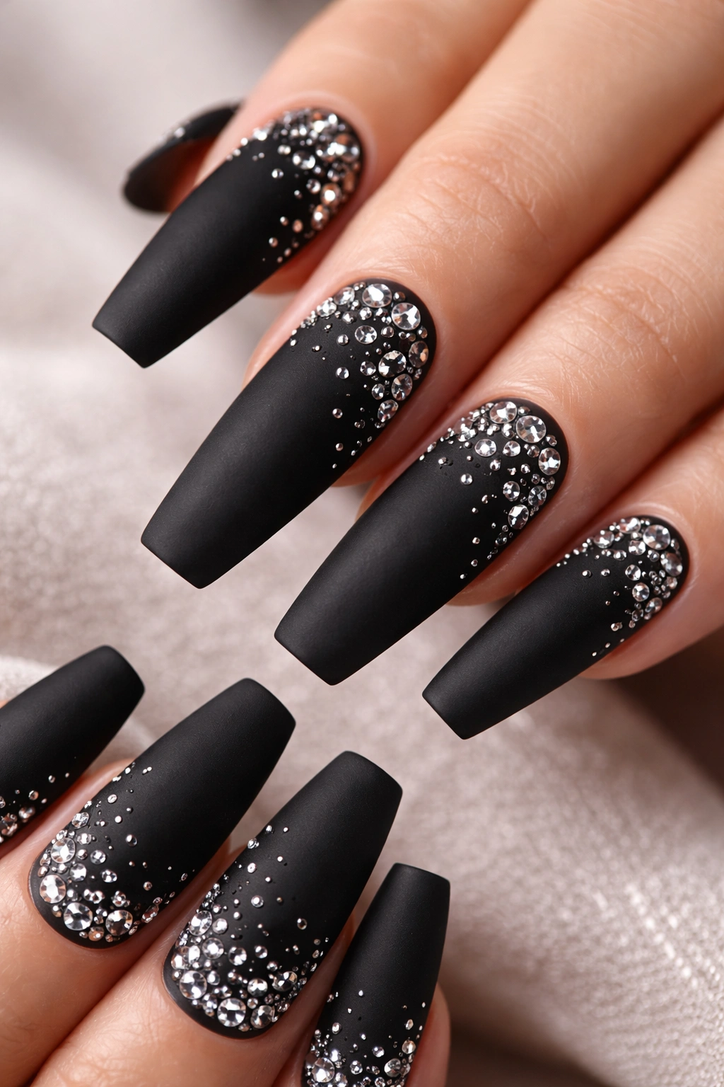 Close-up of coffin nails with matte black finish and scattered rhinestones