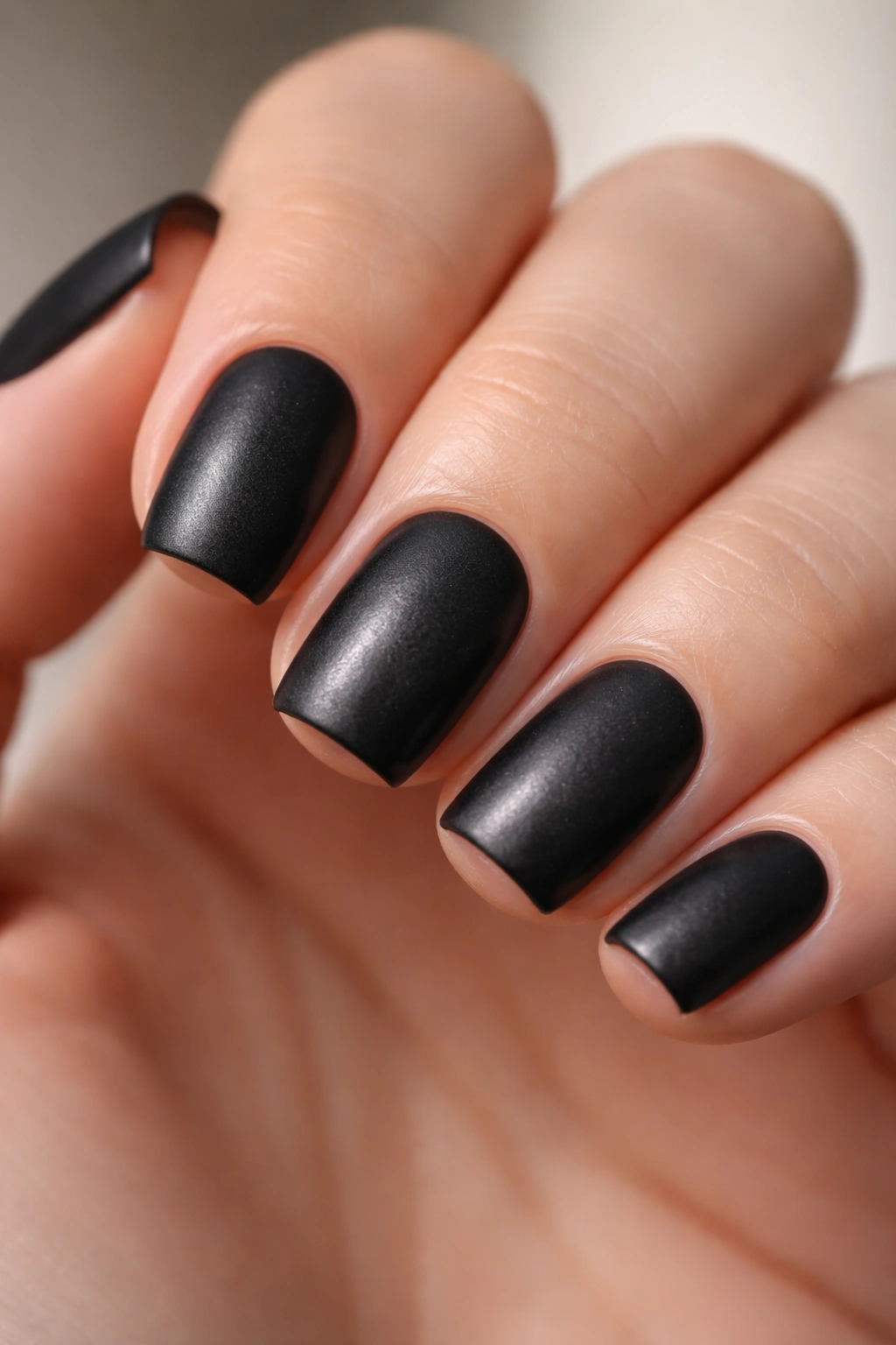 Matte black nails with subtle metallic shimmer under bright light
