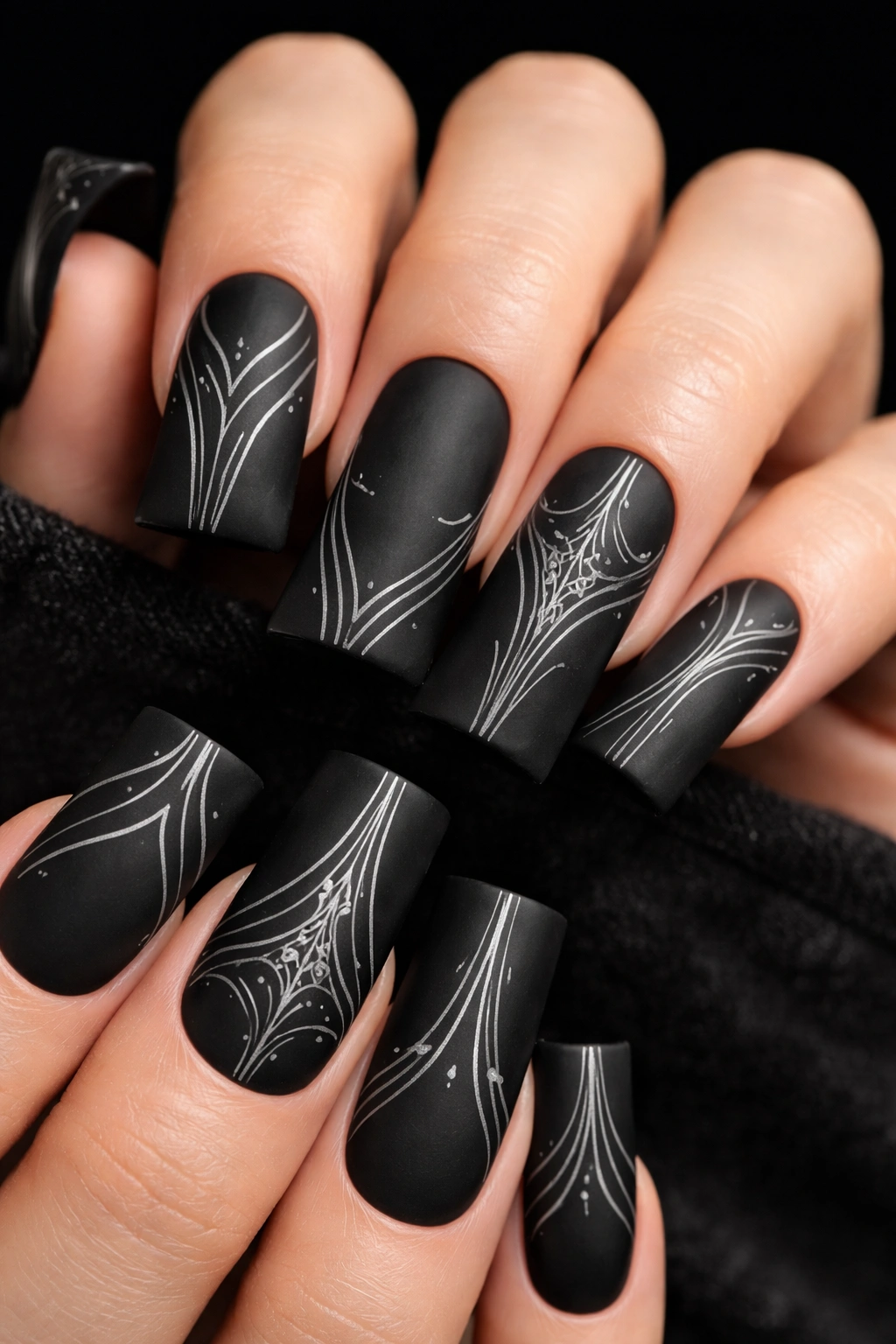 Close-up of matte black nails with silver fine-line details