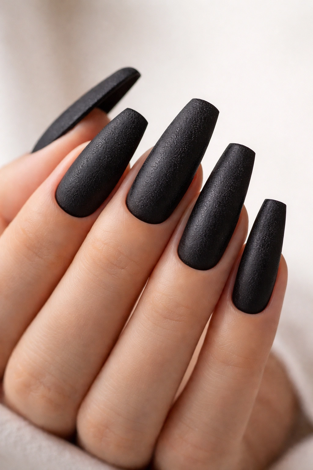 Pure matte black coffin nails with dimensional topcoat texture