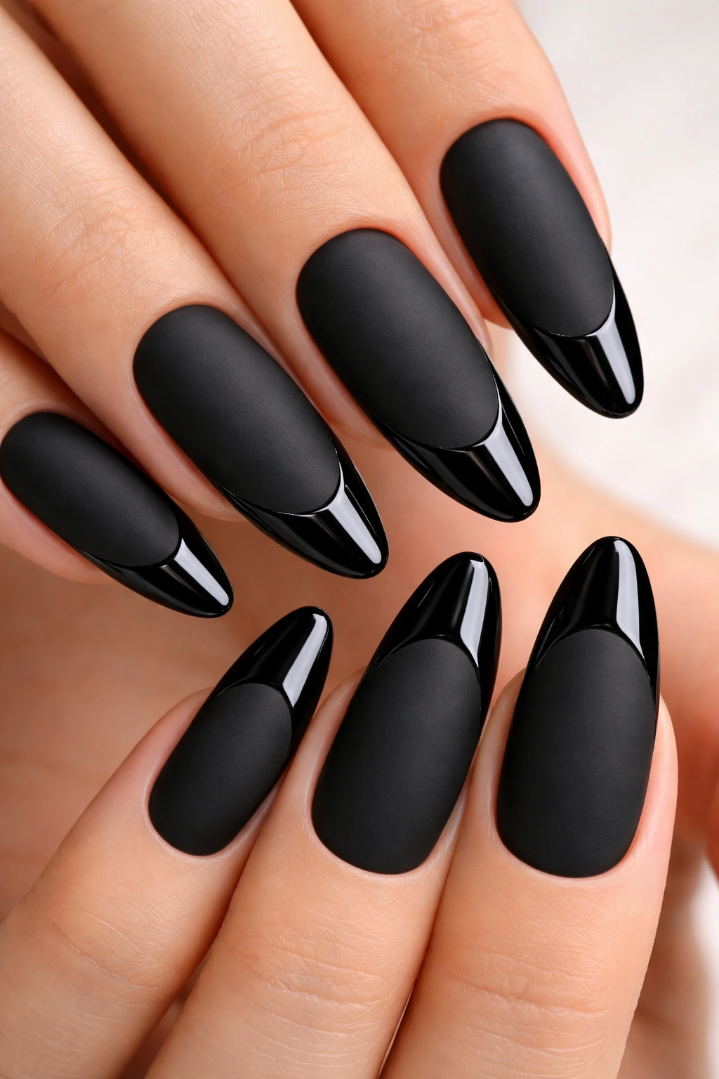 Close-up of matte black nails with glossy tips providing textural contrast