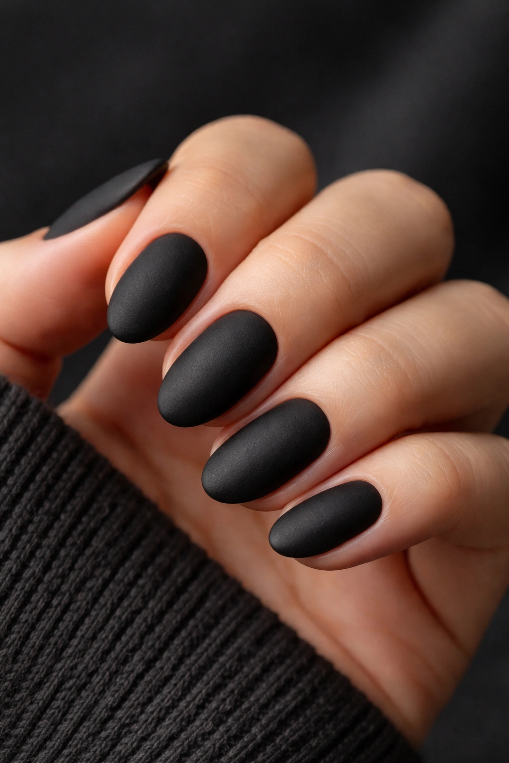 Close-up of short almond nails with matte black velvet finish
