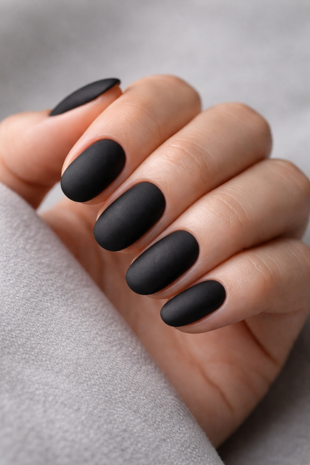 Close-up of short oval nails with matte black velvet finish