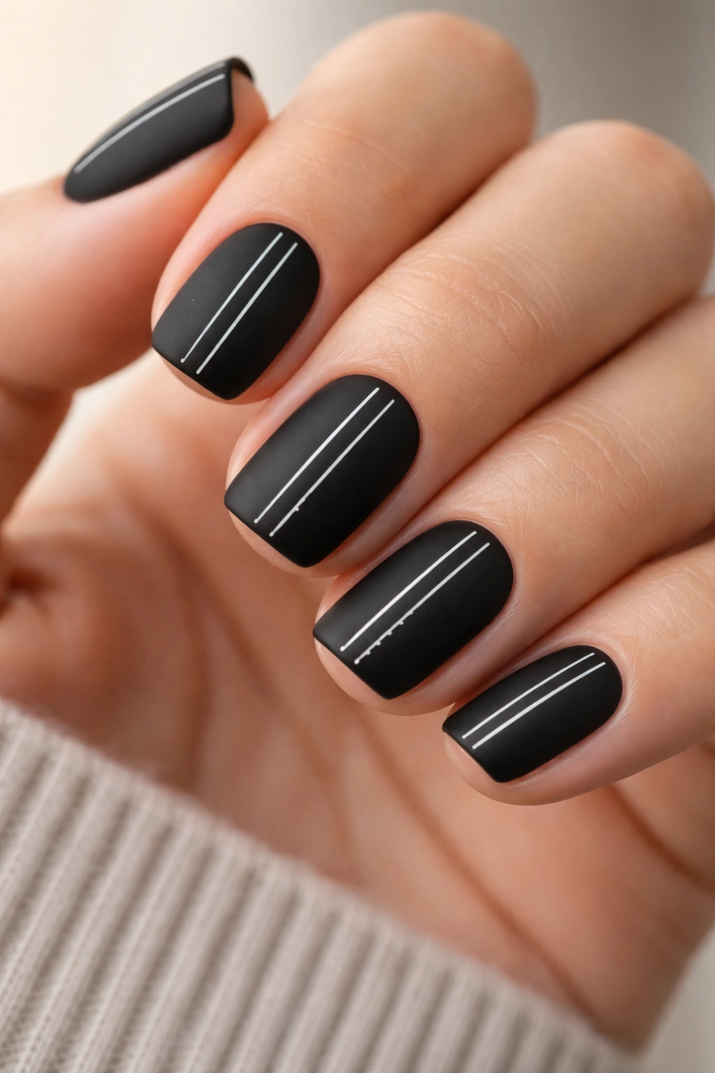 Matte black nails with two ultra-thin white stripes down the center.