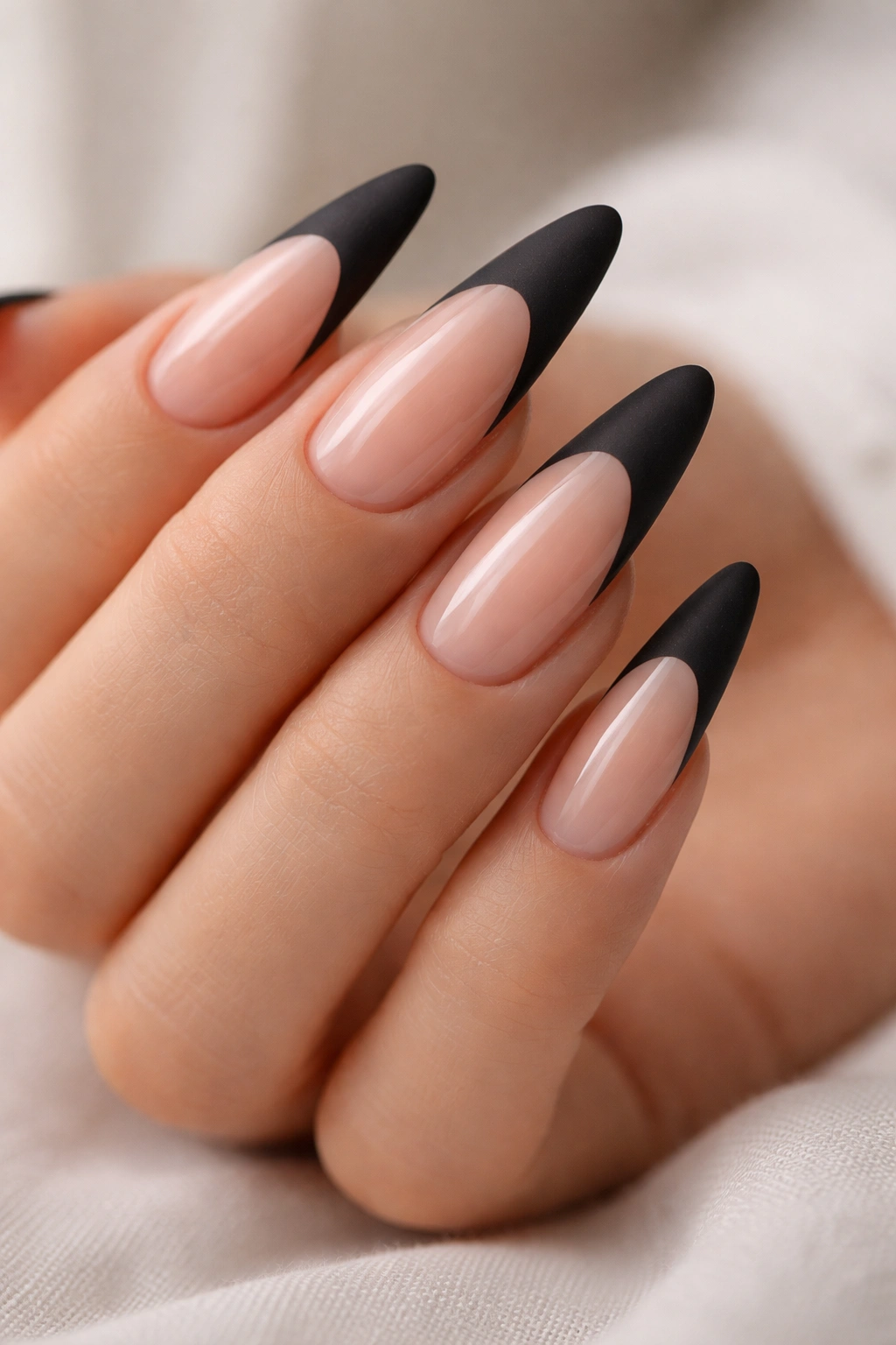 Almond nails showing matte black tips on glossy nude base