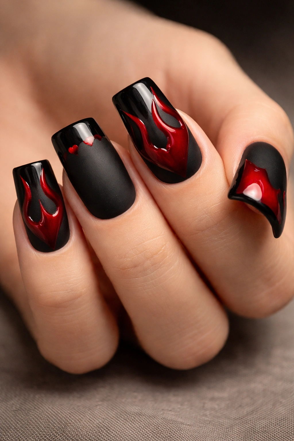 Matte black nails with red glossy duck details in a studio shot