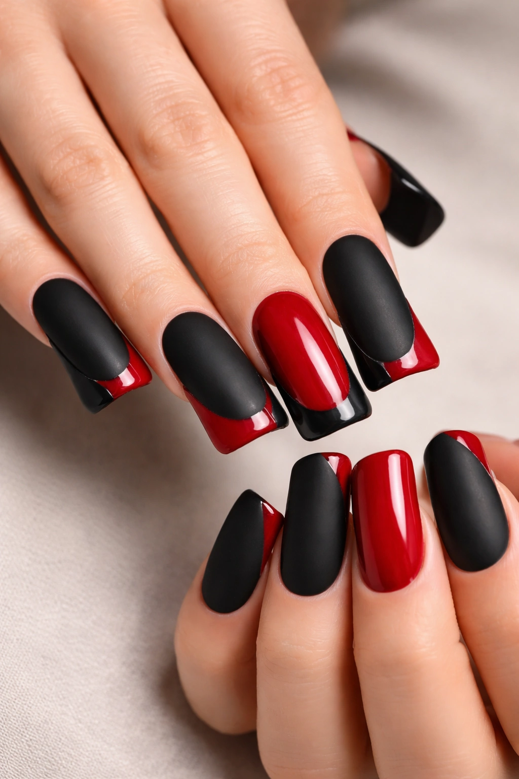 Nails with matte black and glossy red finishes in duck nail shape