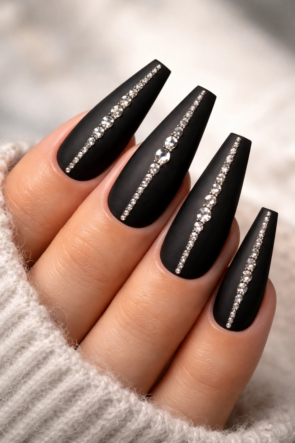 Reverse stiletto nails in matte black with rhinestones along the edge