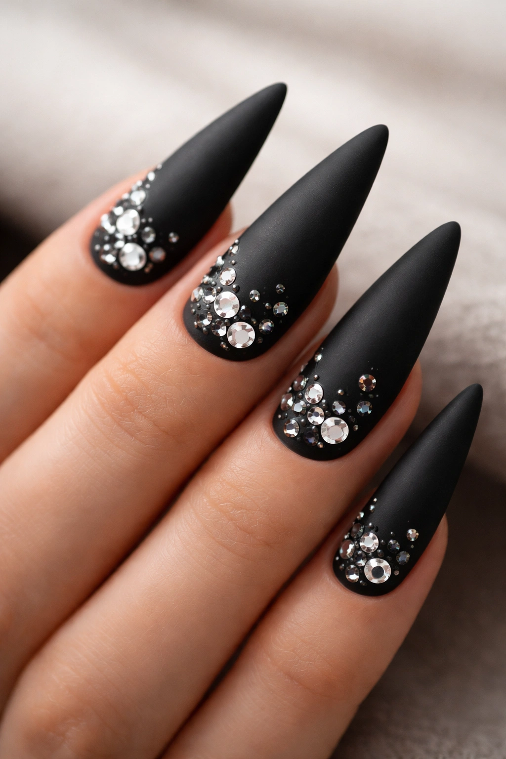 Matte black stiletto nails with rhinestones on a matte finish