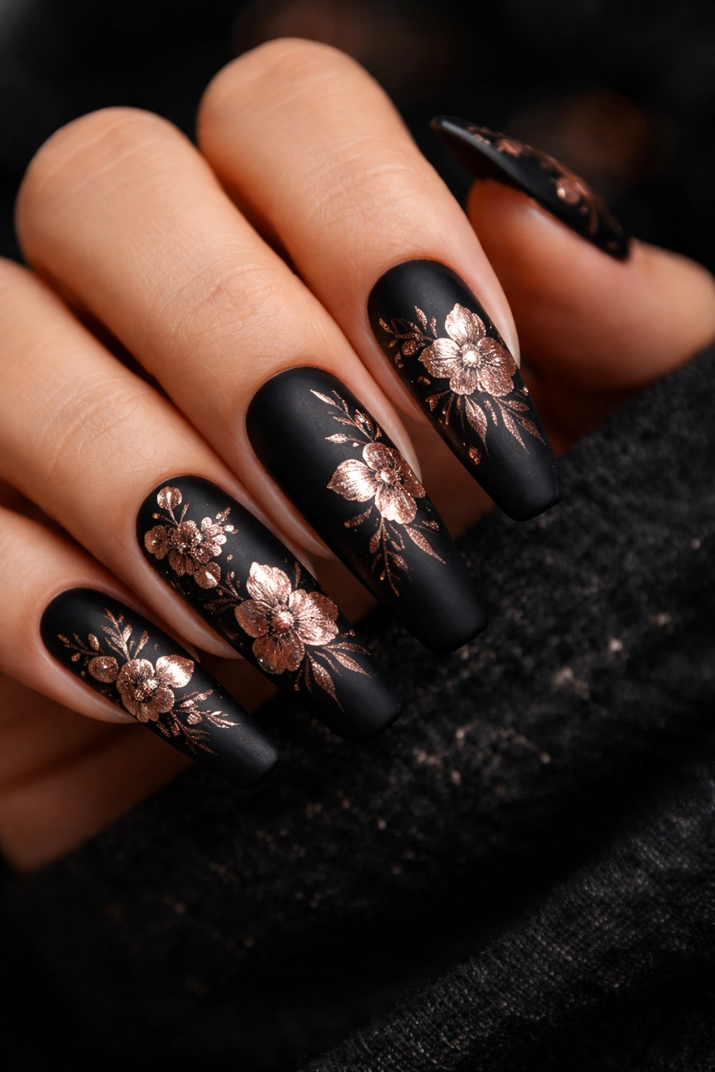Matte black coffin nail with rose gold floral foil details