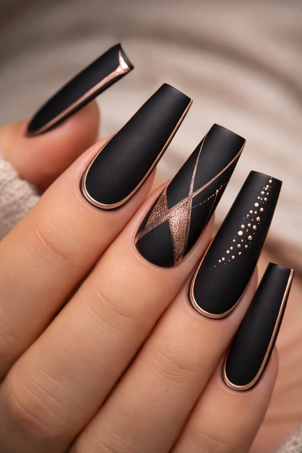 Close-up of extra-long duck nails with matte black and rose gold accents