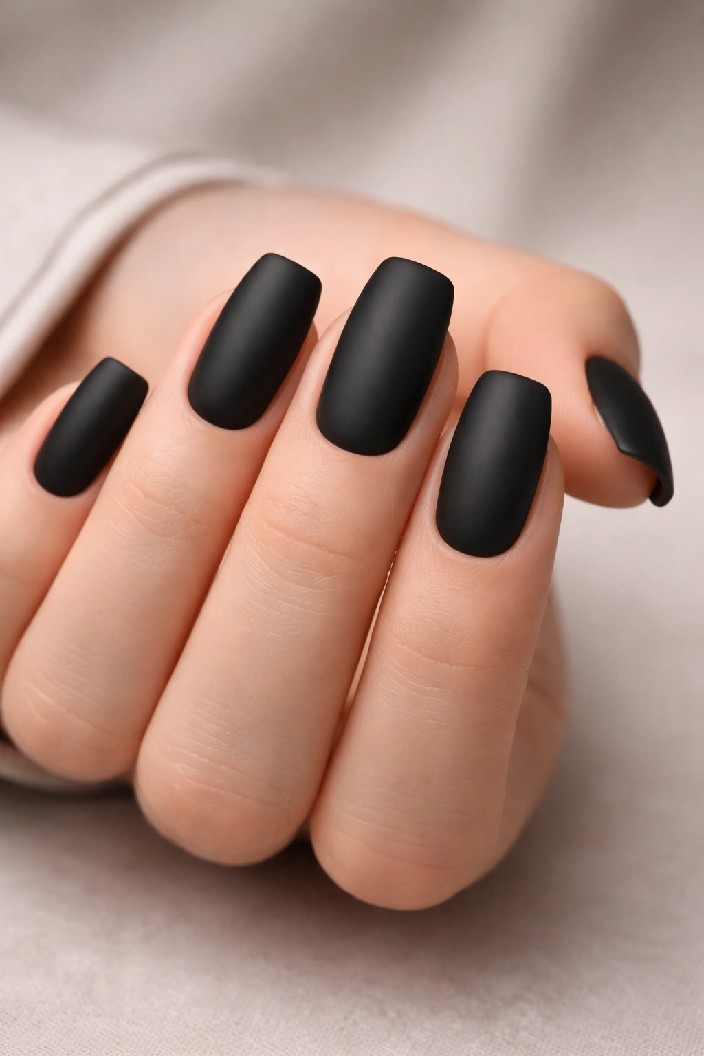Close-up of matte black squoval nails on a hand