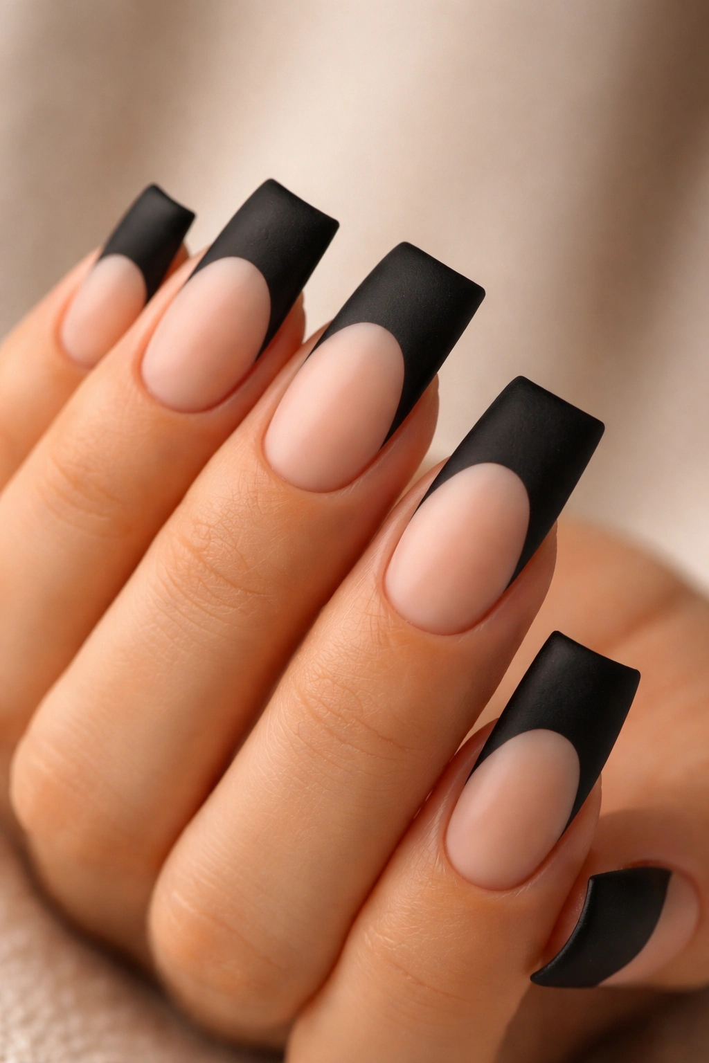 Close-up of duck-shaped nails with matte black French tips on nude base