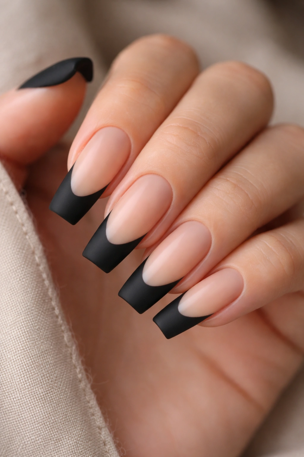 Medium-length nails with matte black tips on milky beige base.