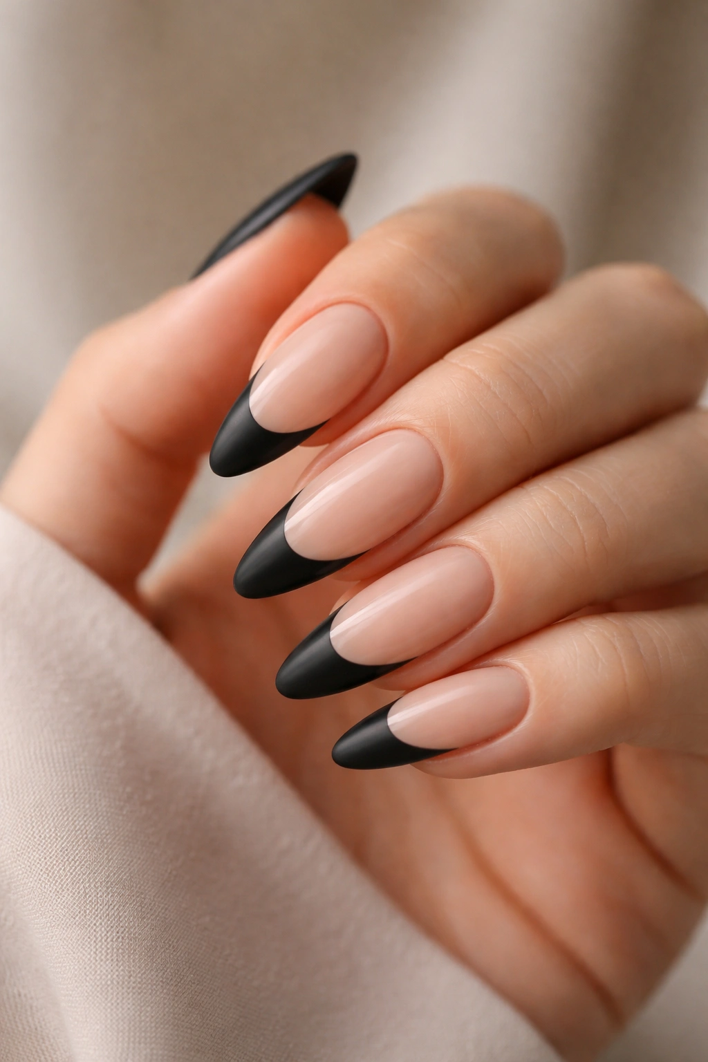 Almond nails with matte black tips over a glossy nude base, studio close-up.