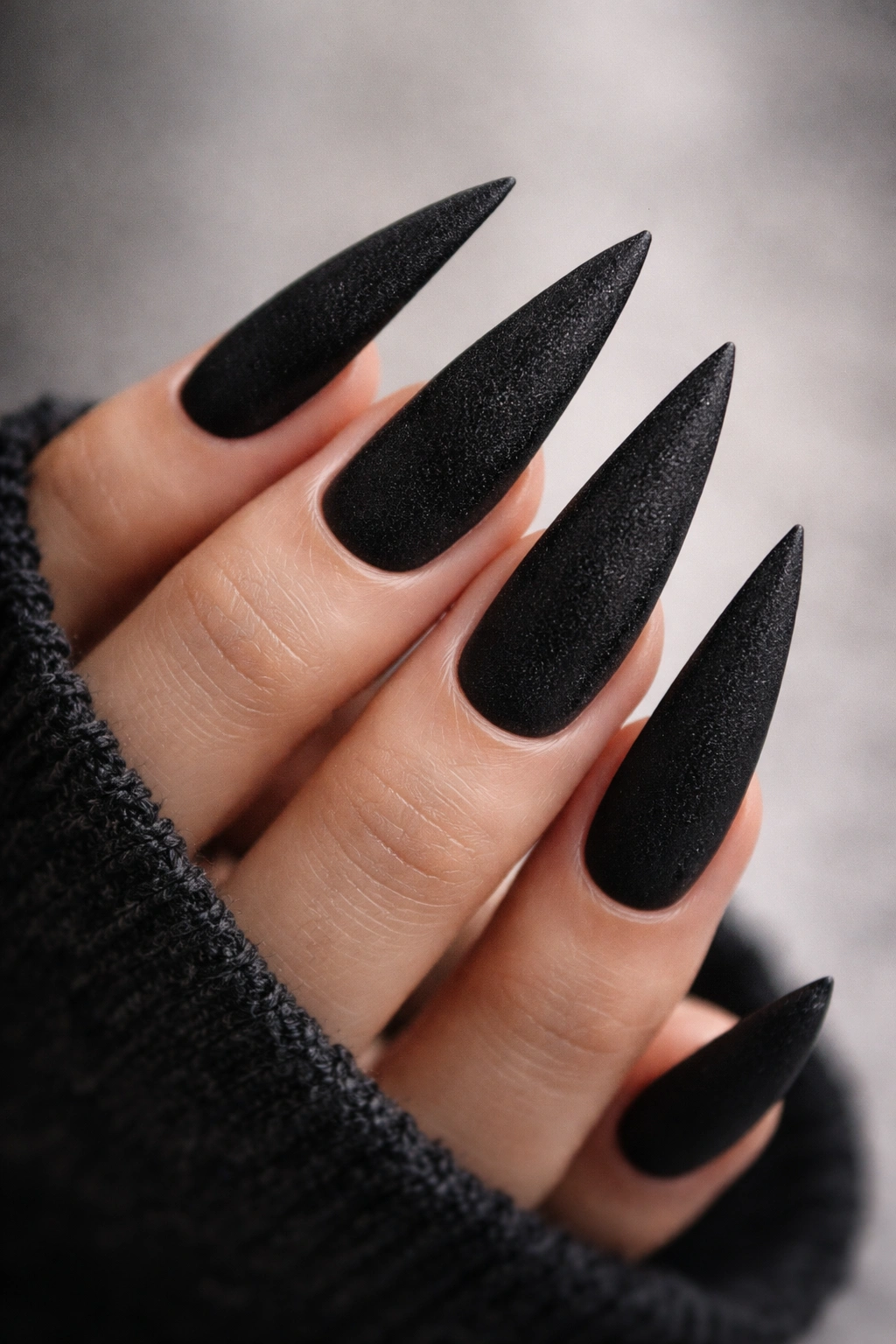 Matte black nails with velvet powder texture visible on the surface