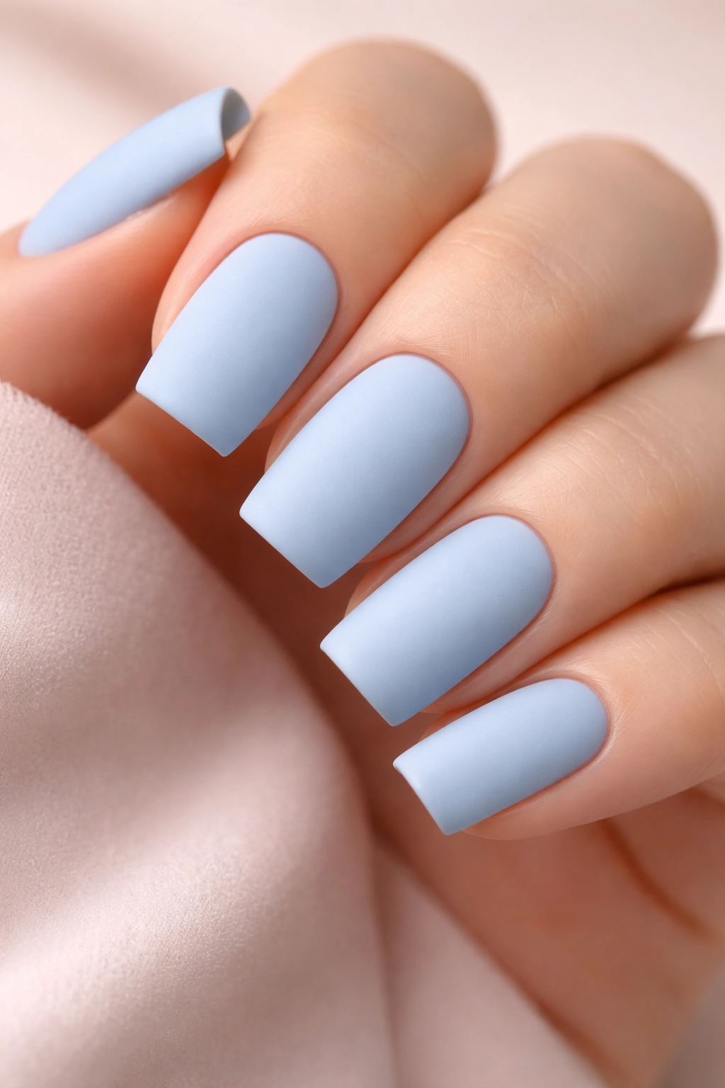 Close-up of matte baby blue square nails on a soft neutral background
