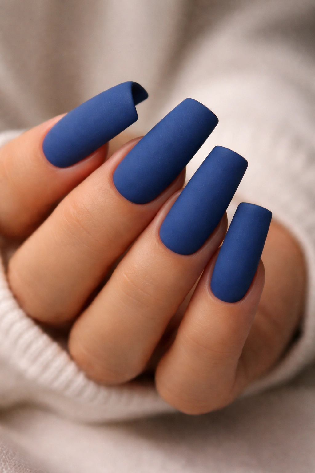 Close-up of matte blue duck nails with velvety finish on a bare hand
