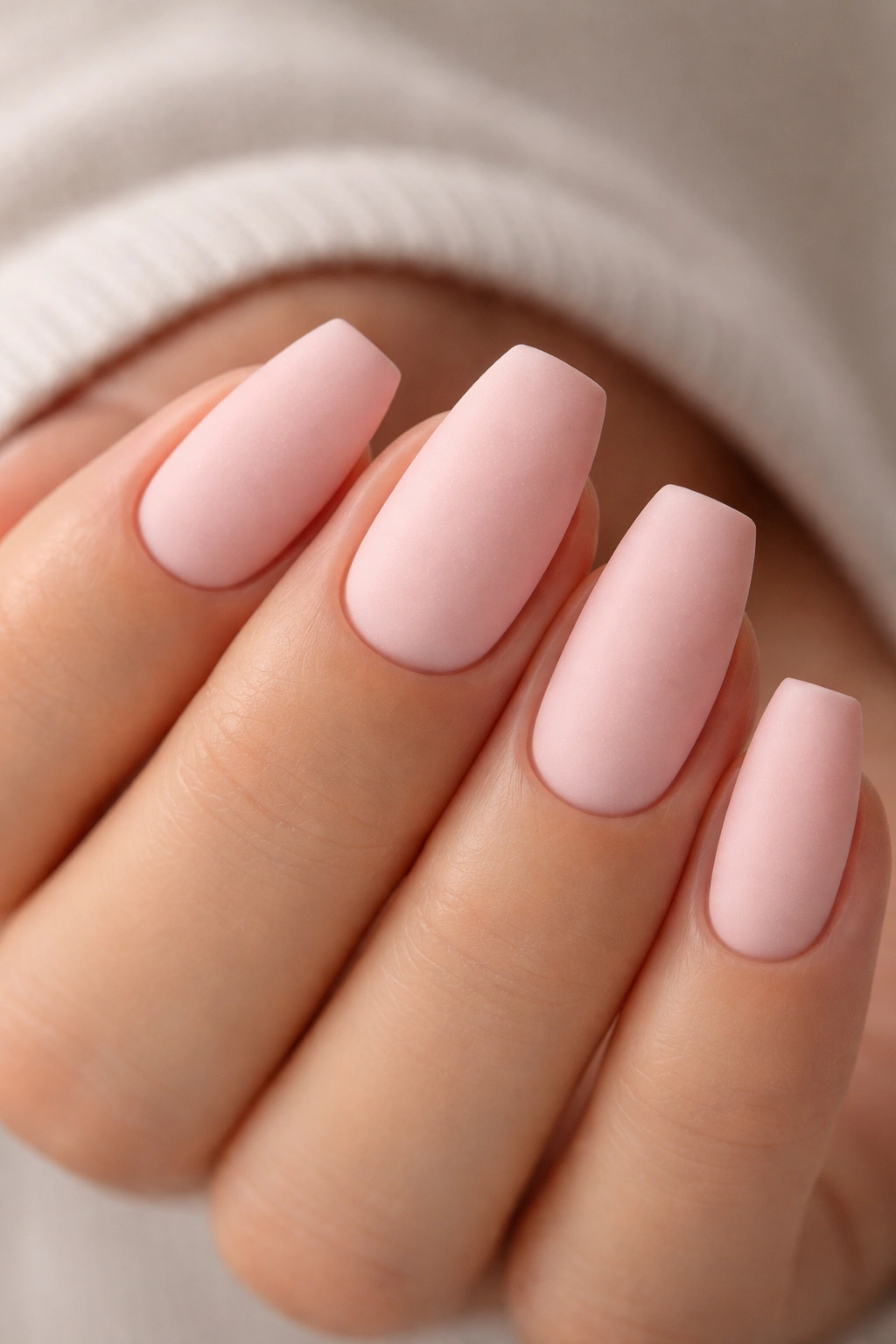 Close-up of velvet-matte blush nails with clean sidewalls