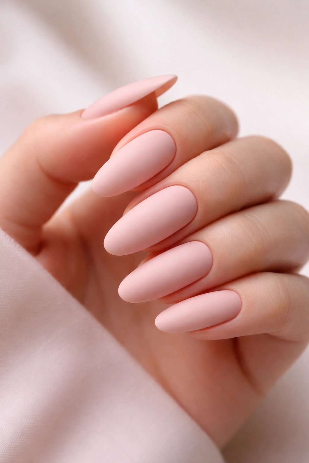 Close-up of matte blush pink nails on a hand