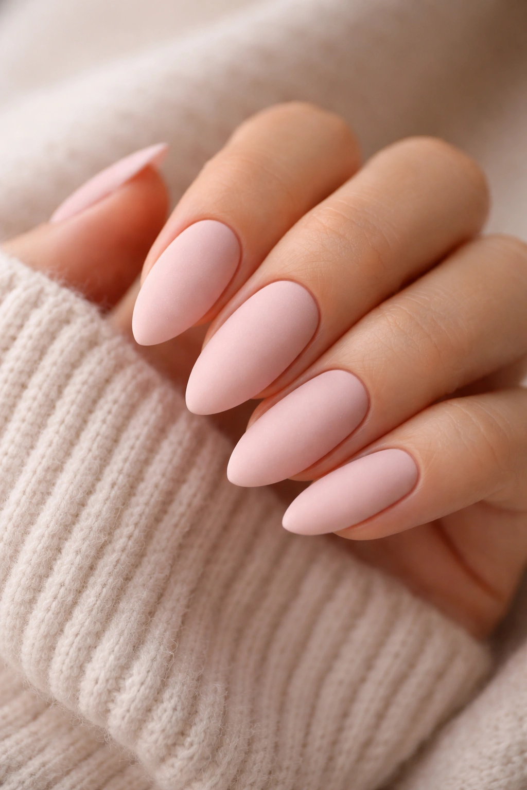 Close-up of blush pink almond nails with matte finish