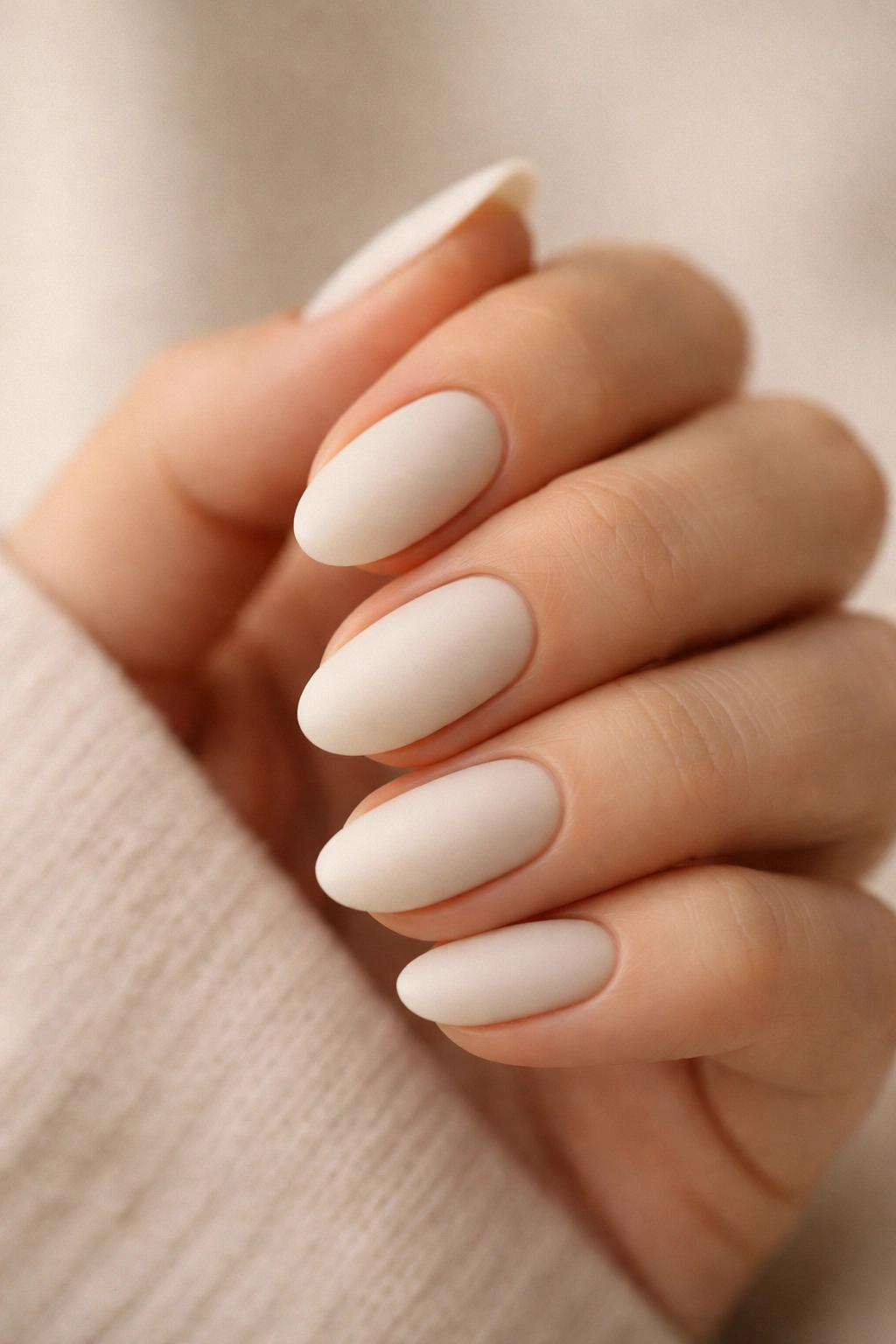 Close-up of warm matte bone almond nails with velvet finish