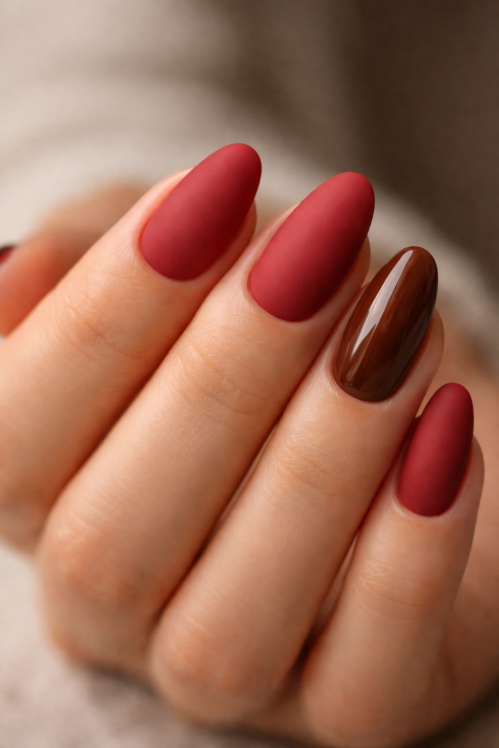 Short almond nails with matte brick red and glossy brown accent