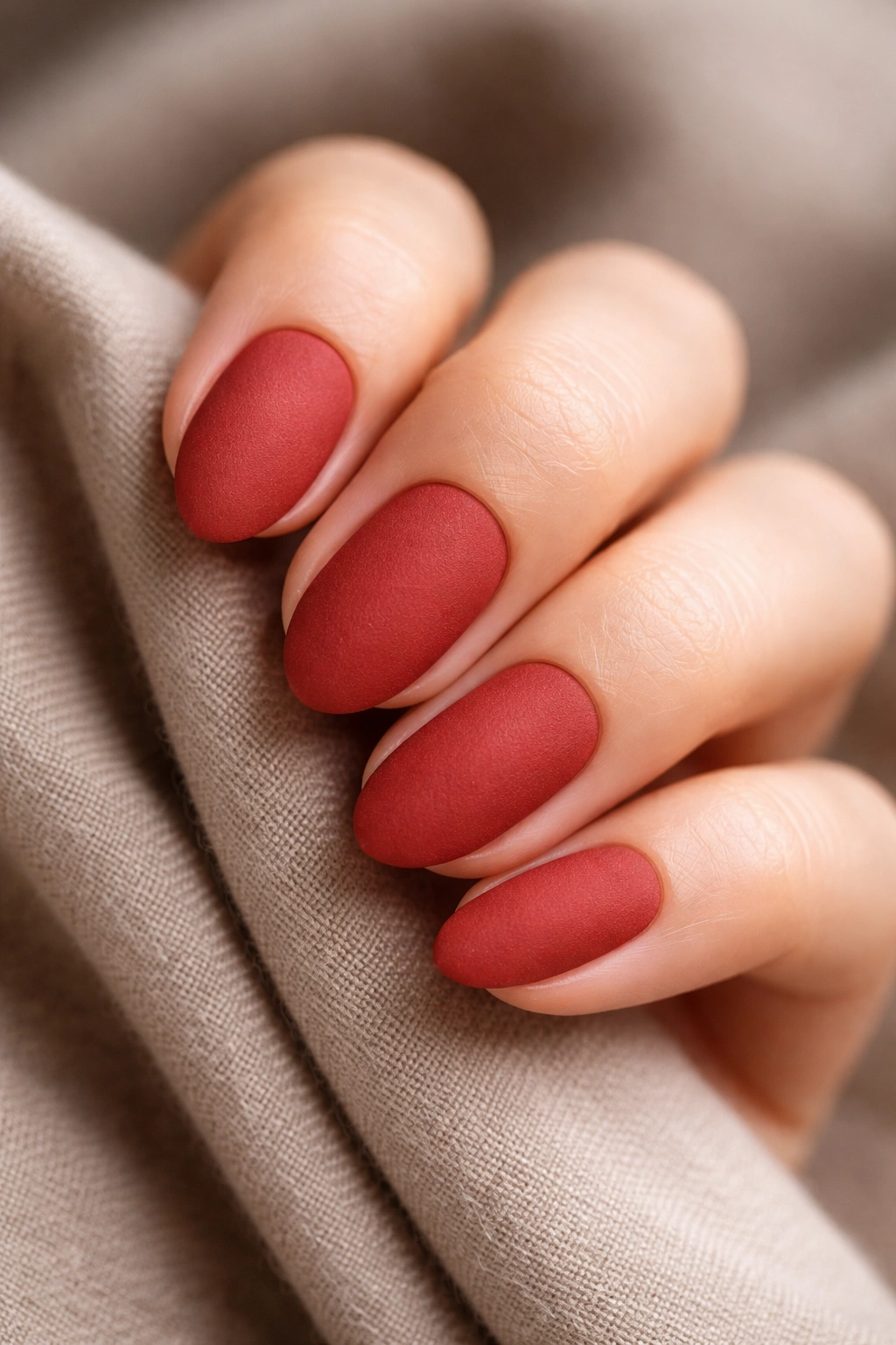 Short almond nails in matte brick red with suede finish