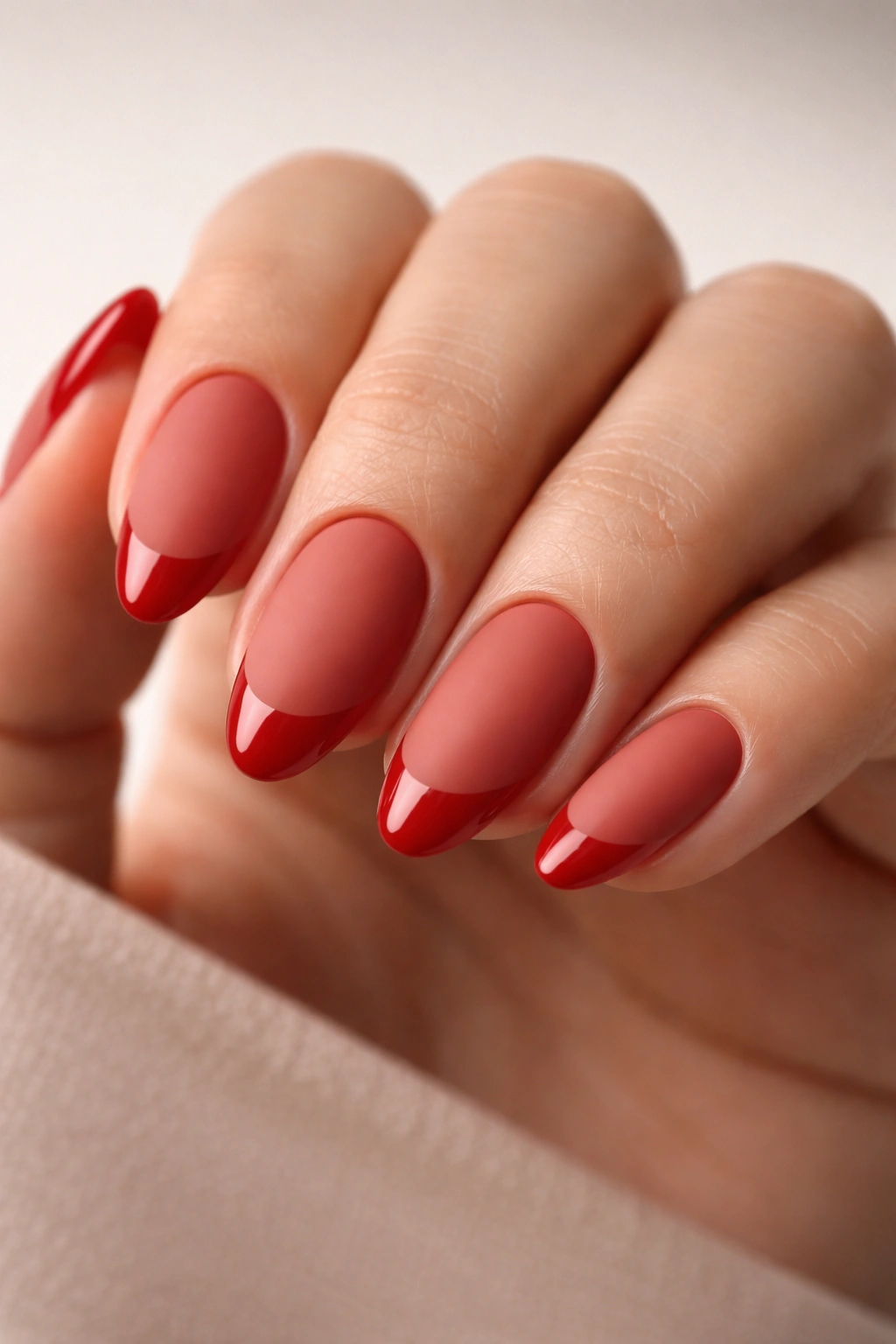 Close-up of short almond nails with matte brick red base and glossy red tips