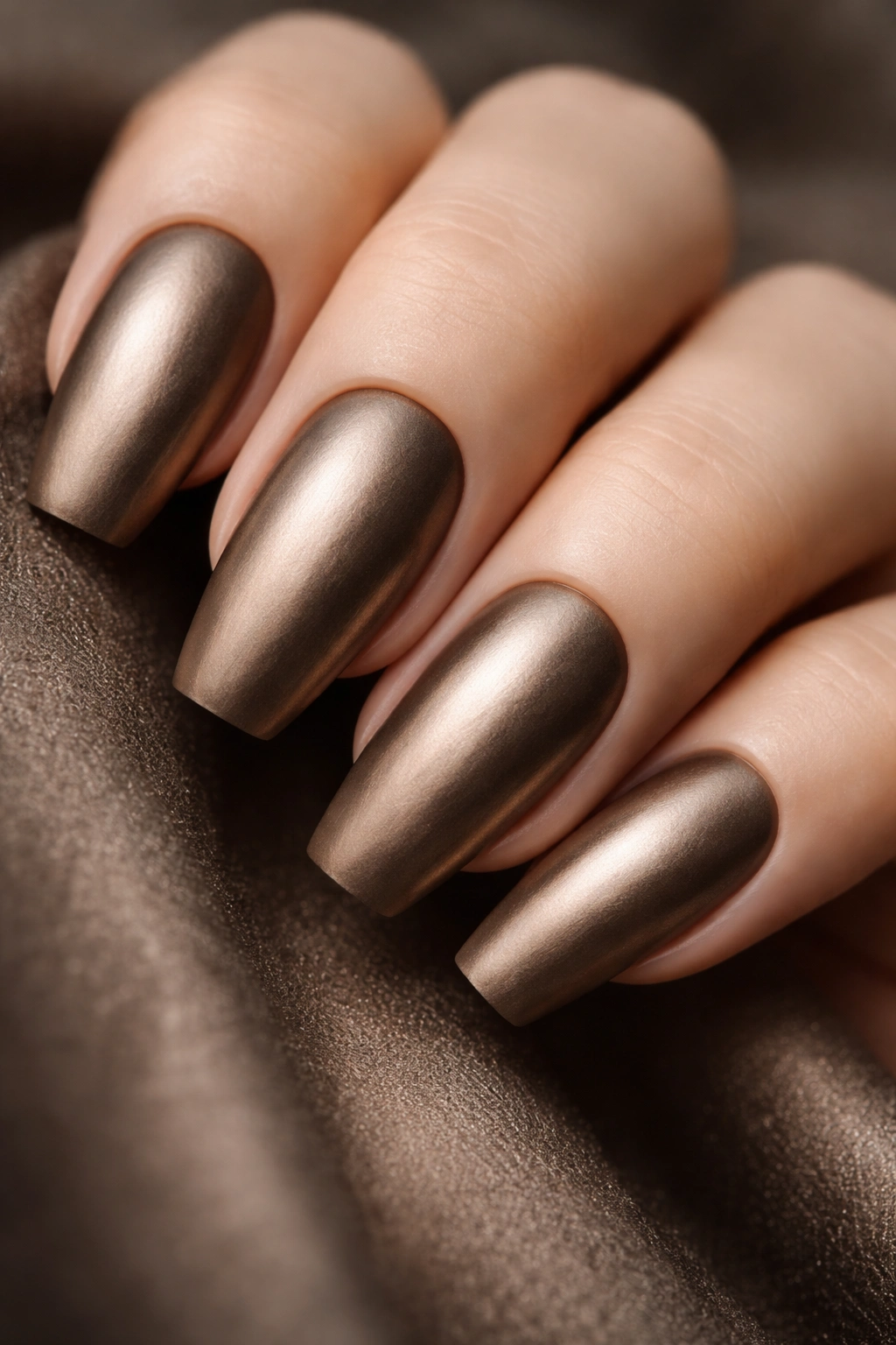 Bronze chrome nails with a matte brushed metal finish
