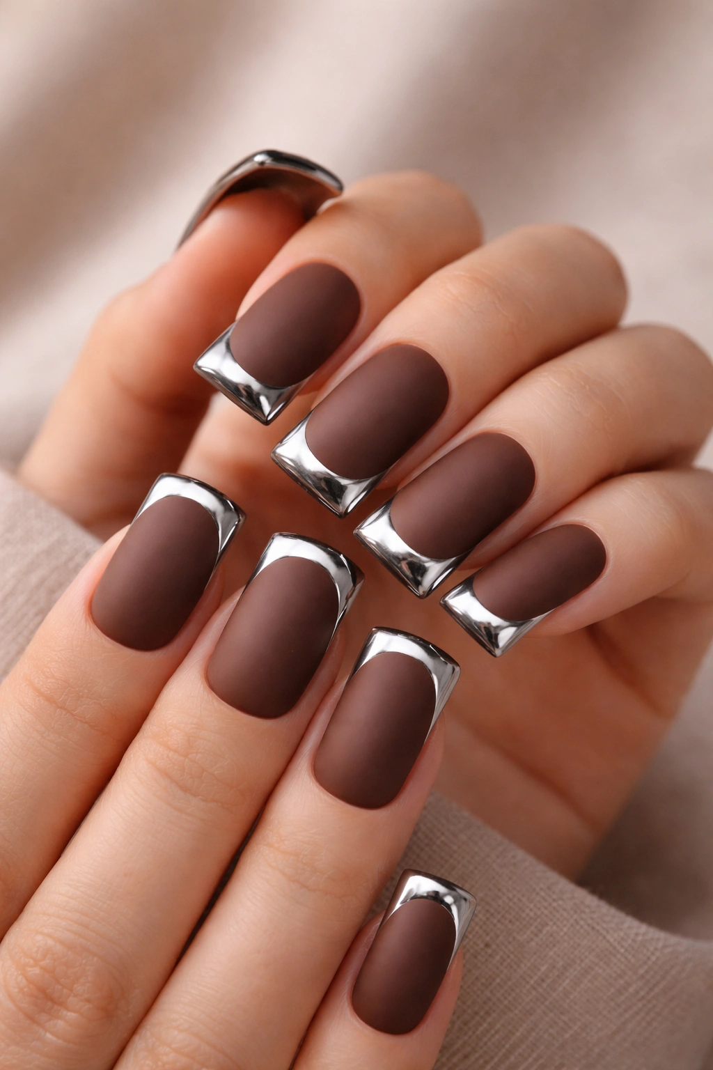 Close-up of matte brown duck nails with chrome tips