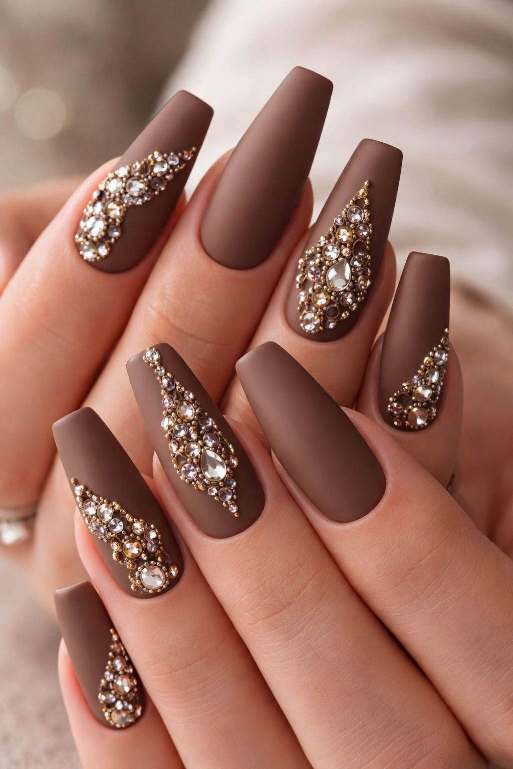 Close-up of matte brown coffin nails with 3D crystals and beads