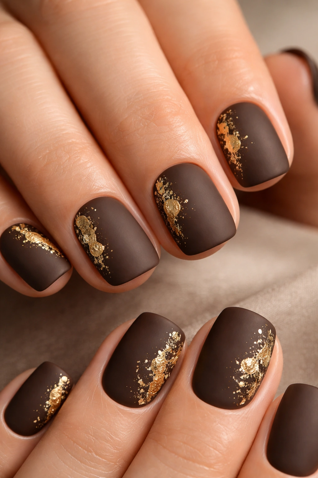 Close-up of matte brown nails with gold leaf accents.