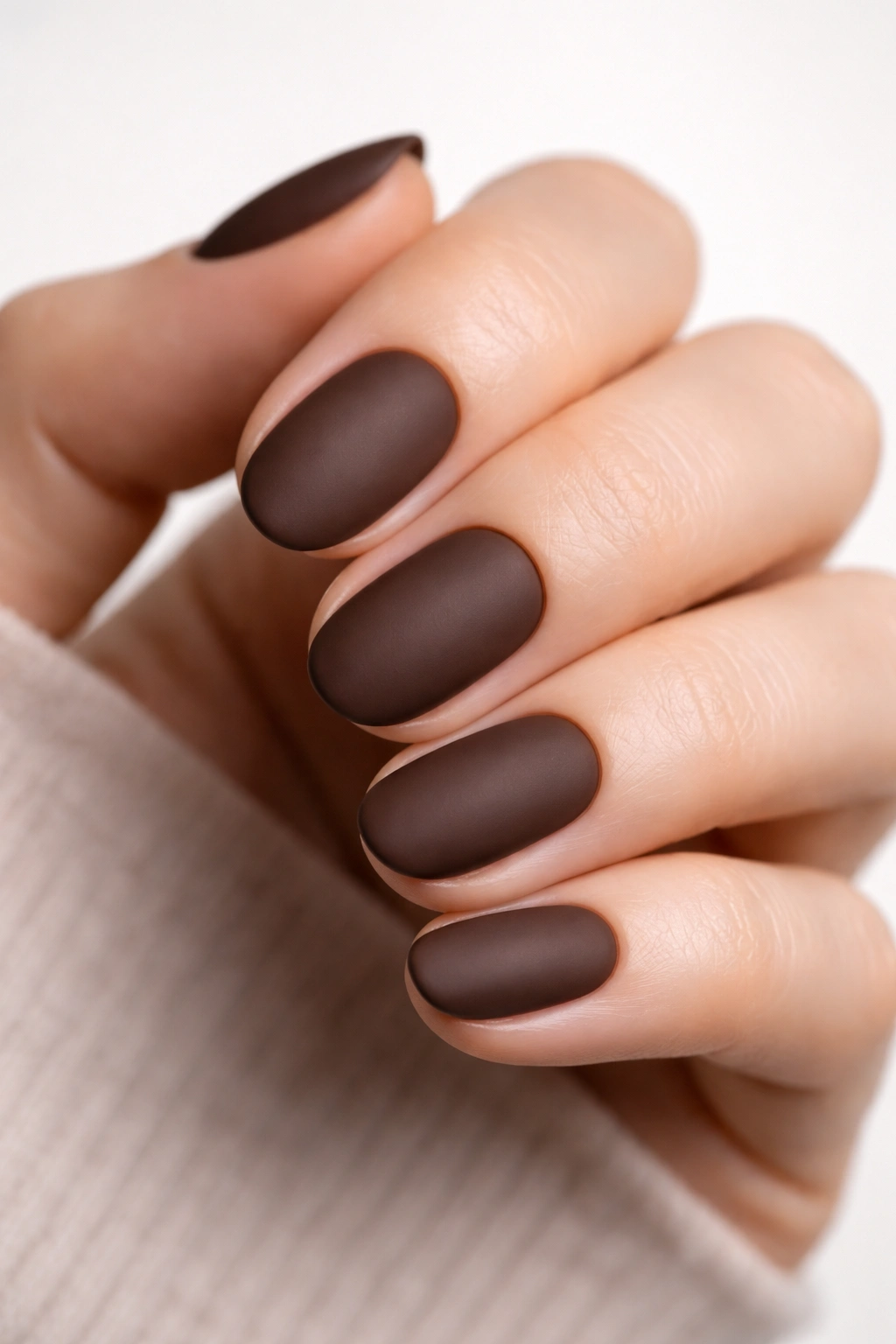 Close-up of matte chocolate brown short oval nails with a non-shiny finish