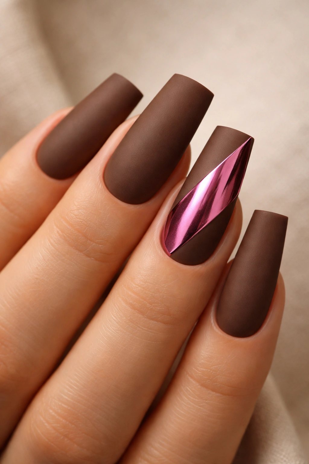 Duck nails showing matte brown base with pink metallic geometric accent on one nail