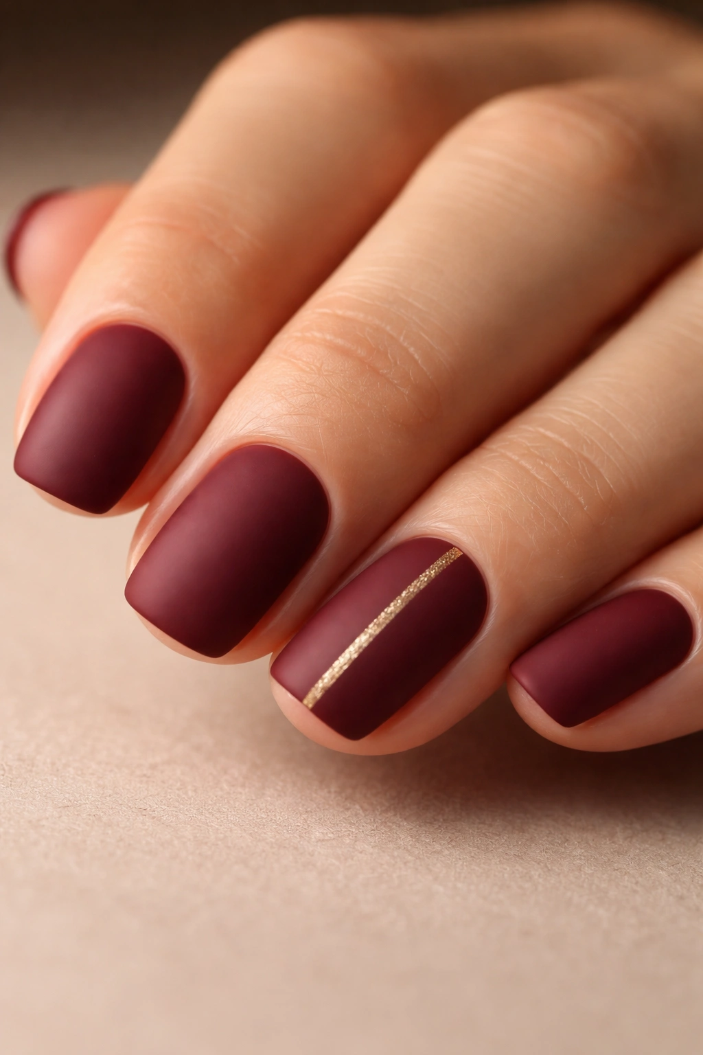 Close-up of short squoval nails in matte burgundy with a gold foil stripe on the ring finger.