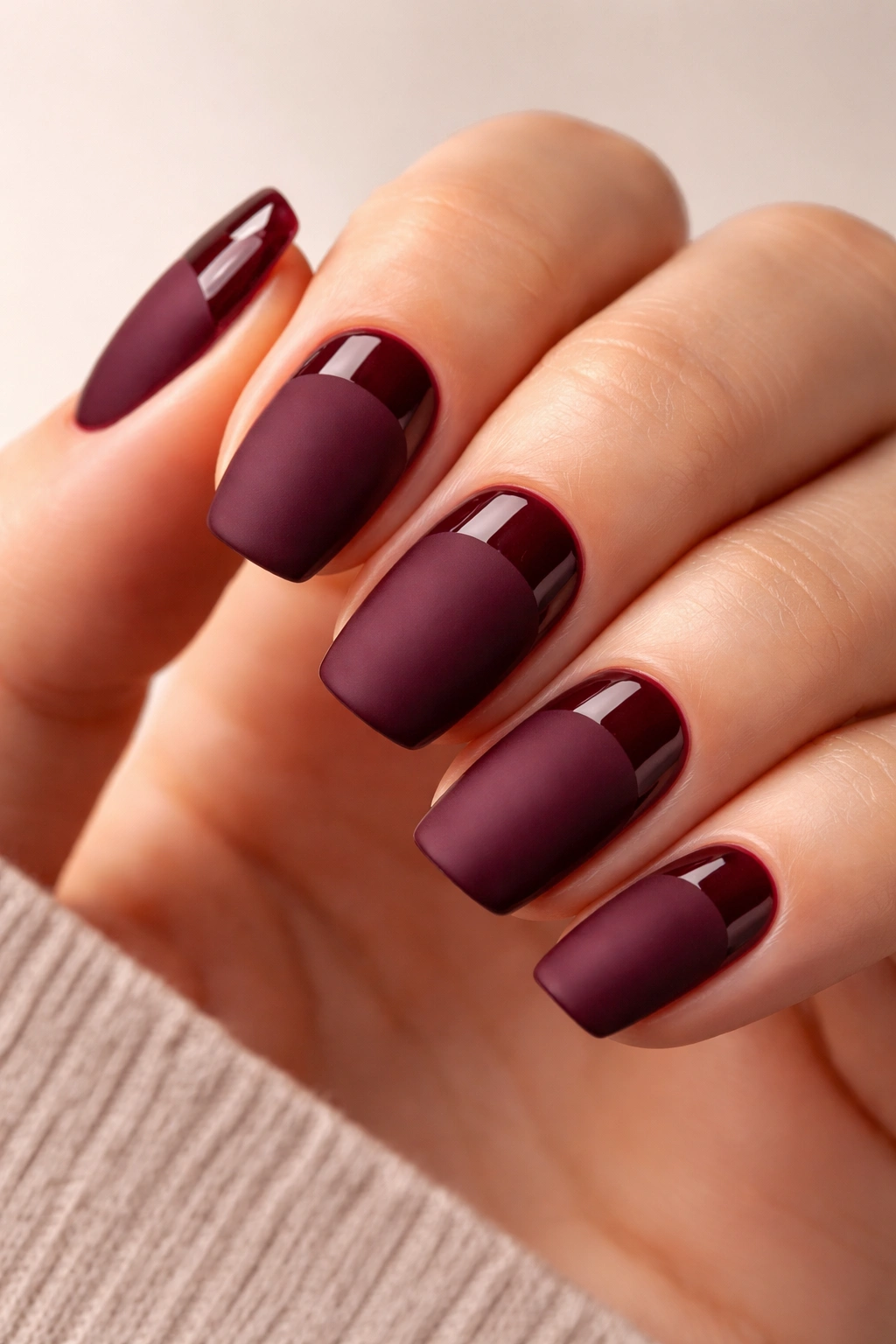 Close-up of matte burgundy nails with a glossy stripe.