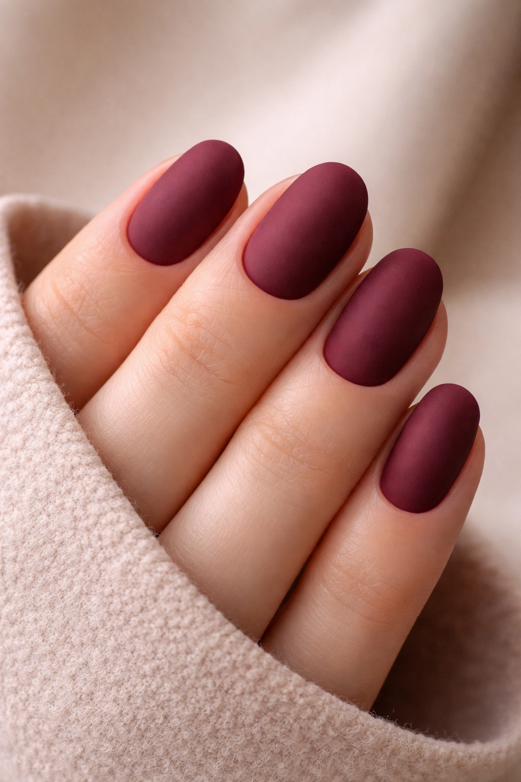 Matte burgundy short oval nails with velvety finish