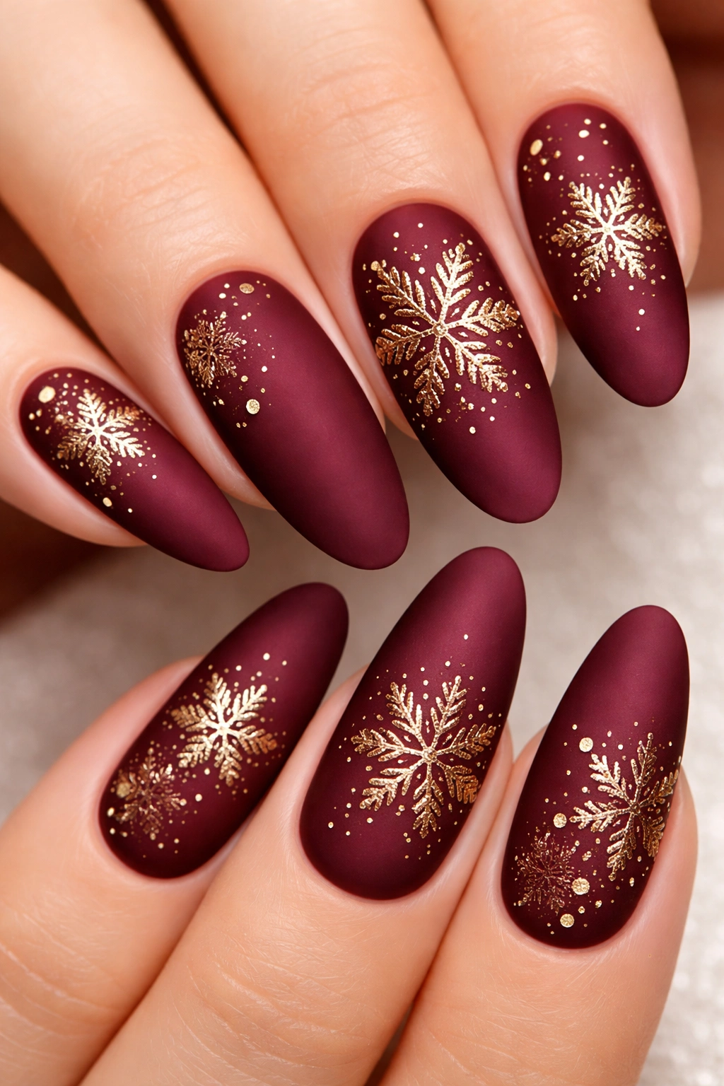 Matte burgundy nails with gold snowflakes on long oval nails